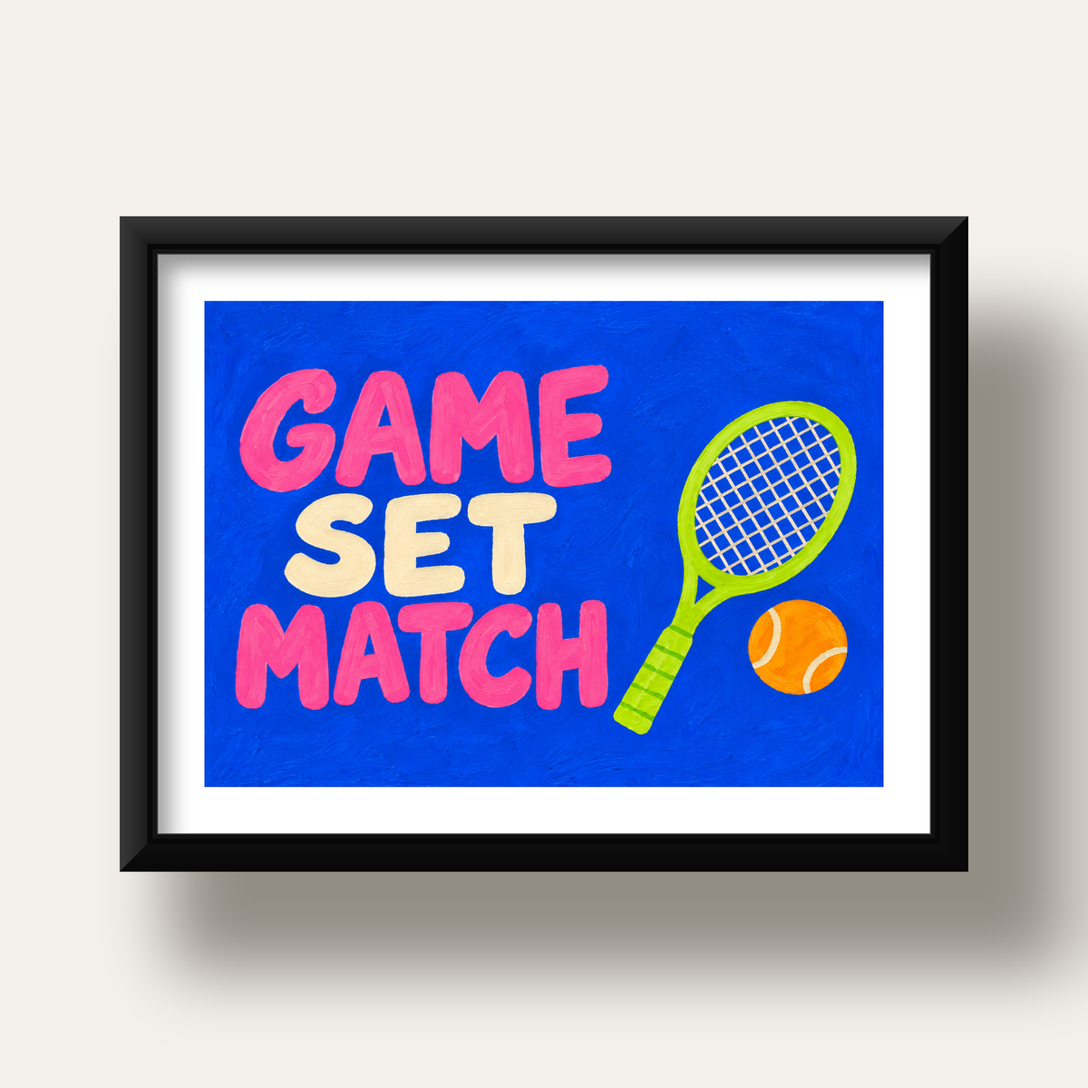GAME SET MATCH Tipografi Tenis Temalı Canlı Poster — siyah derin çerçeveli paspartulu