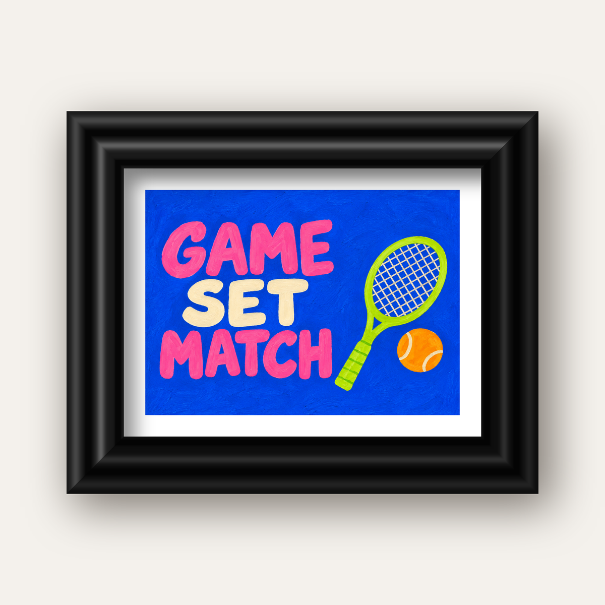 GAME SET MATCH Tipografi Tenis Temalı Canlı Poster — siyah galeri çerçeveli paspartulu