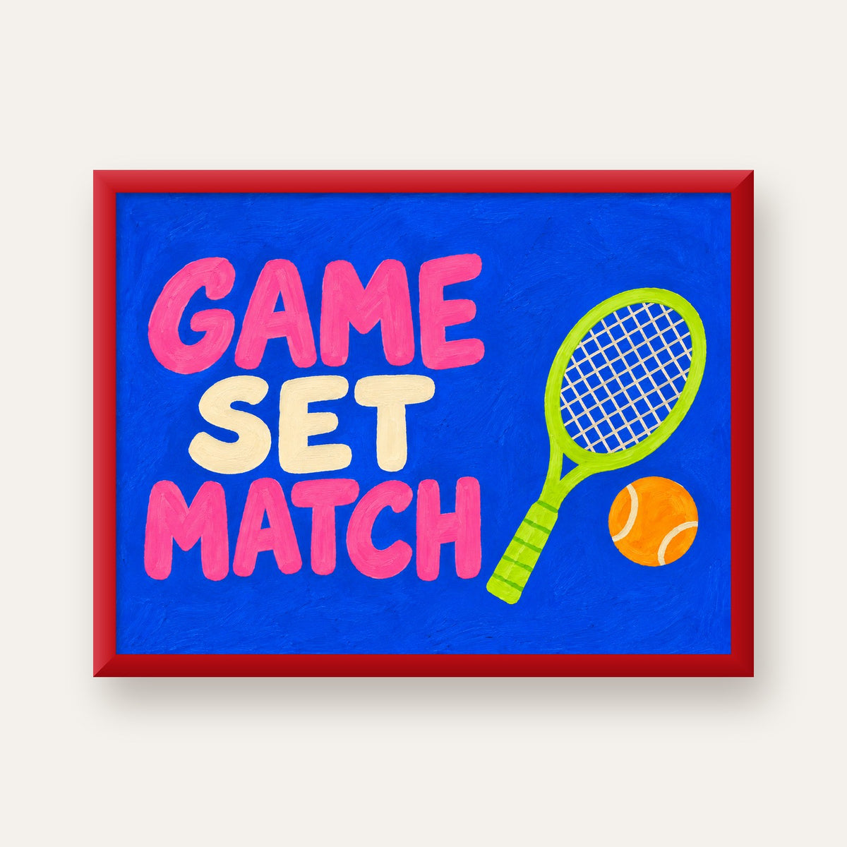 GAME SET MATCH Tipografi Tenis Temalı Canlı Poster — kırmızı çerçeveli