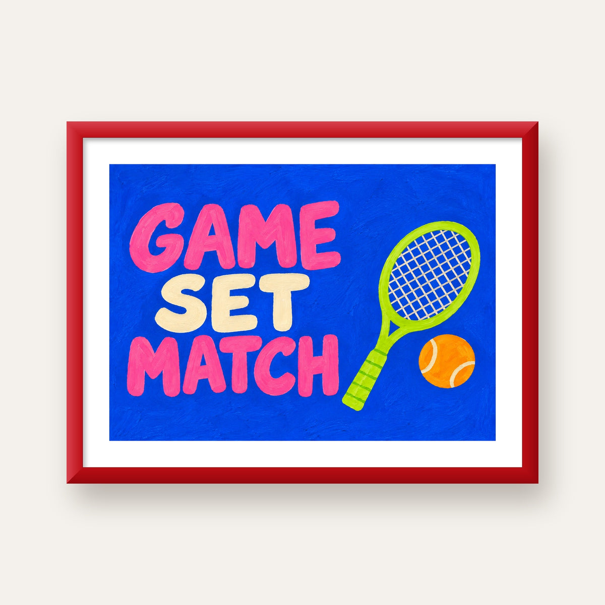 GAME SET MATCH Tipografi Tenis Temalı Canlı Poster — kırmızı çerçeveli paspartulu