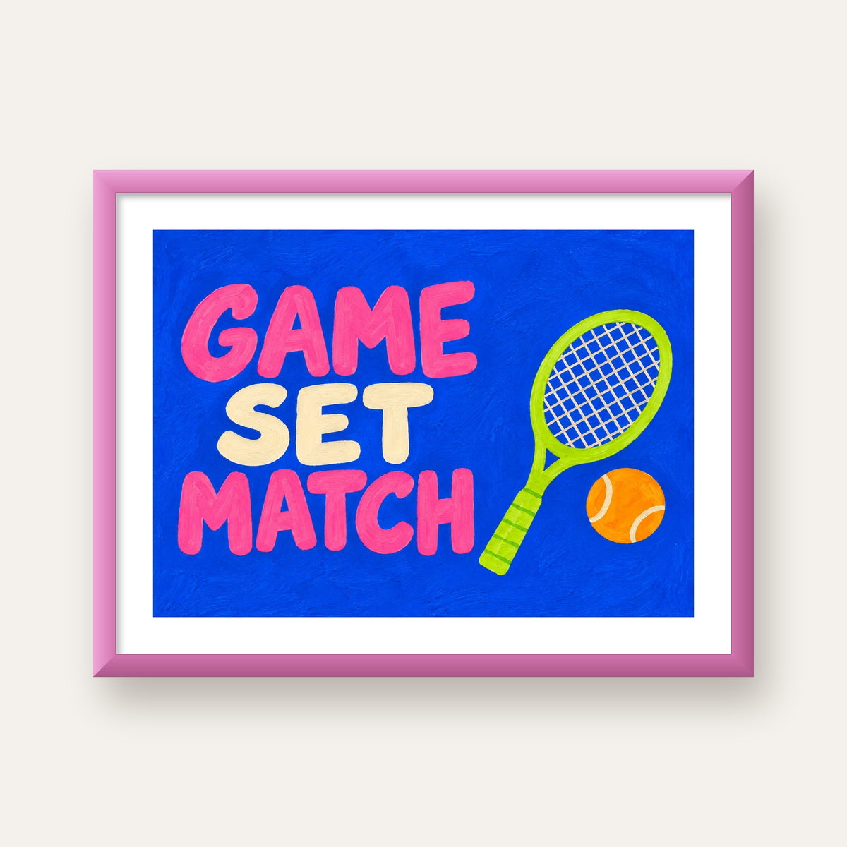 GAME SET MATCH Tipografi Tenis Temalı Canlı Poster — pembe çerçeveli paspartulu