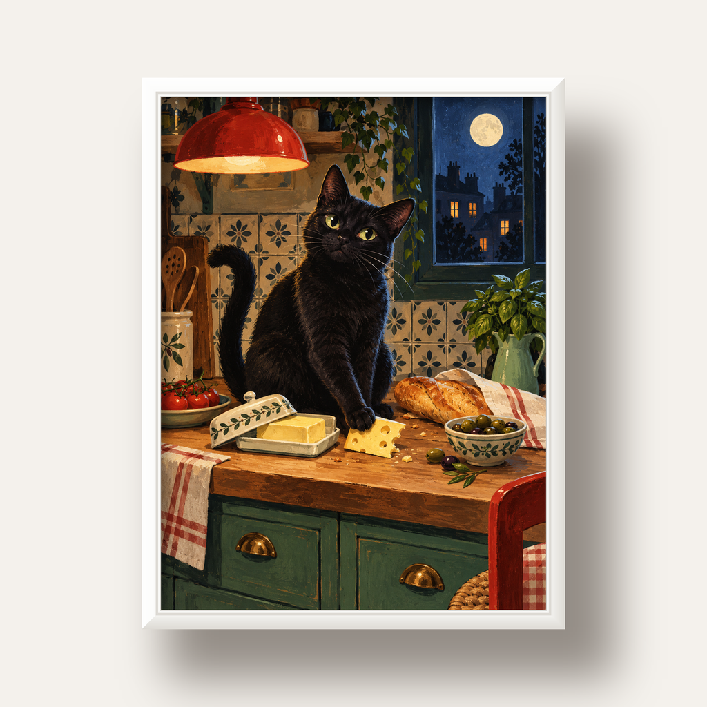 Gece Atıştırması Siyah Kedi Mutfak Posteri — beyaz derin çerçeveli