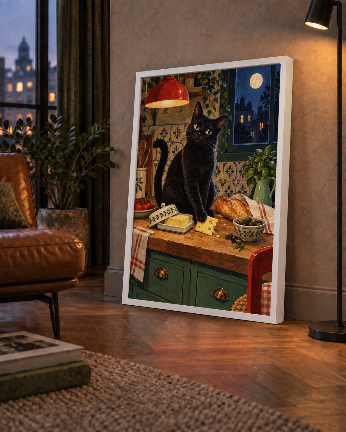 Gece Atıştırması Siyah Kedi Mutfak Posteri — çerçeveli hâliyle bir ev duvarında