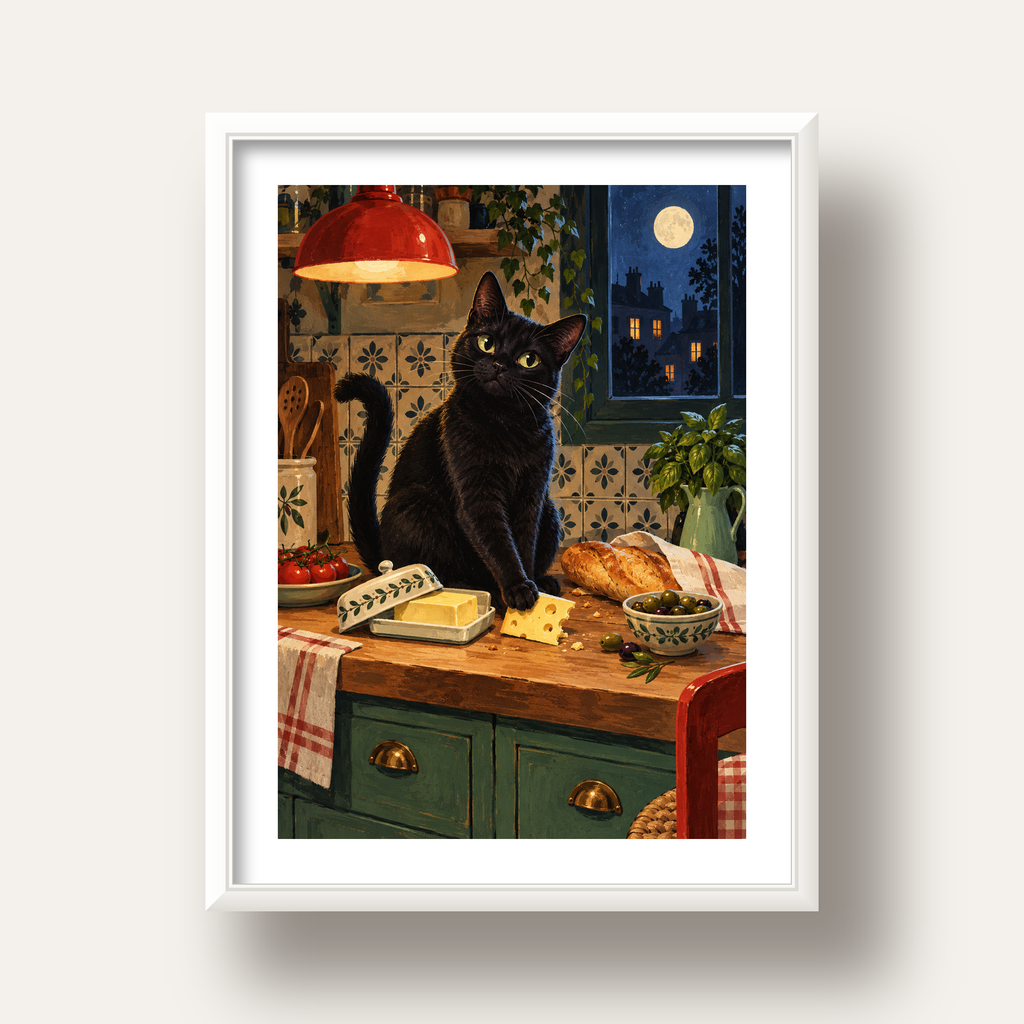 Gece Atıştırması Siyah Kedi Mutfak Posteri — beyaz derin çerçeveli paspartulu