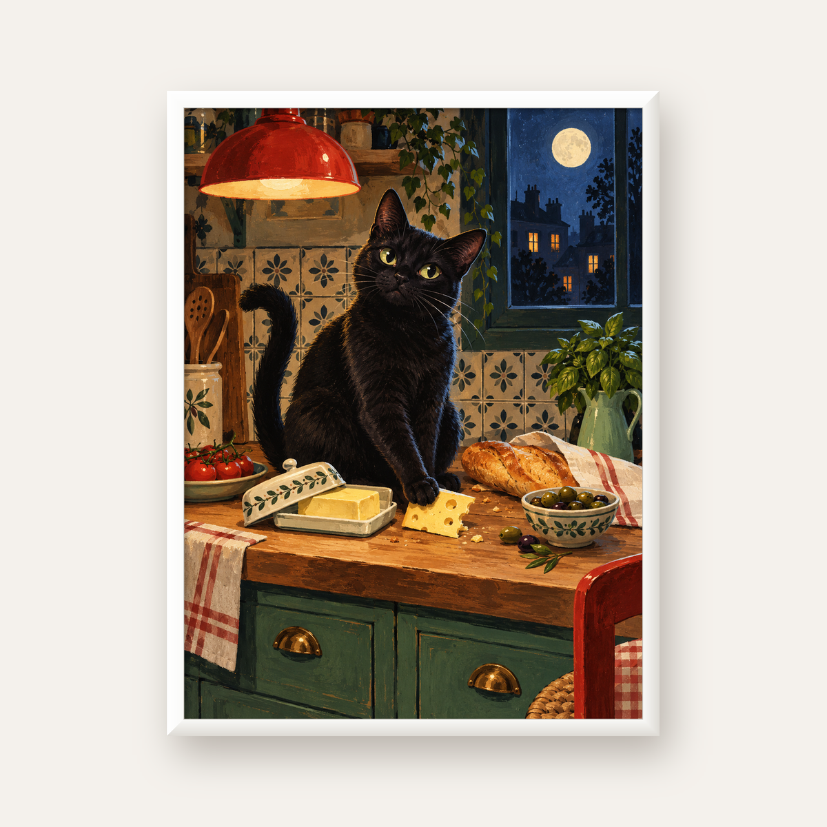 Gece Atıştırması Siyah Kedi Mutfak Posteri — beyaz çerçeveli dikey poster