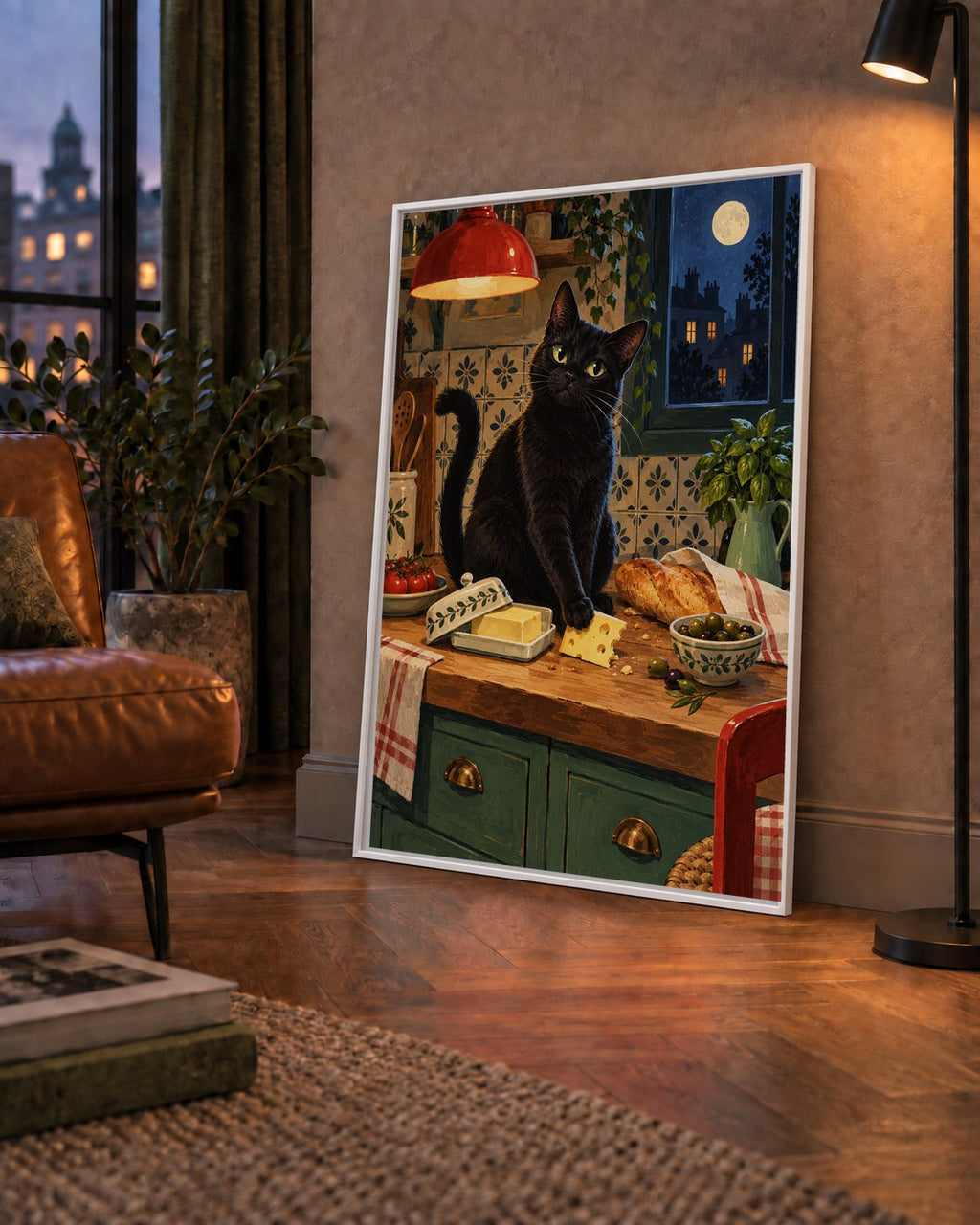 Gece Atıştırması Siyah Kedi Mutfak Posteri — çerçeveli hâliyle bir ev duvarında