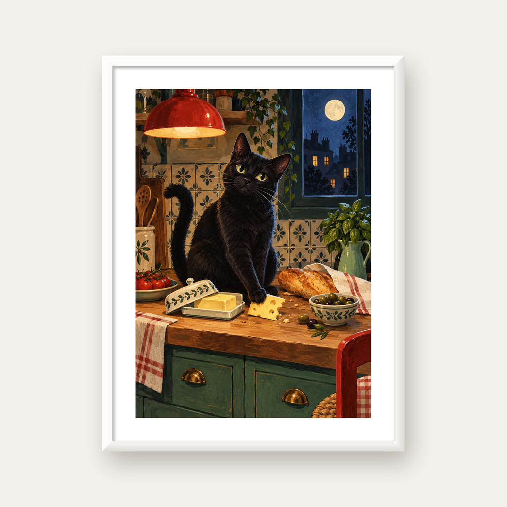 Gece Atıştırması Siyah Kedi Mutfak Posteri — beyaz çerçeveli dikey poster