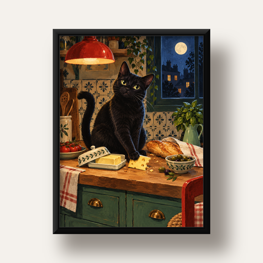 Gece Atıştırması Siyah Kedi Mutfak Posteri — siyah derin çerçeveli
