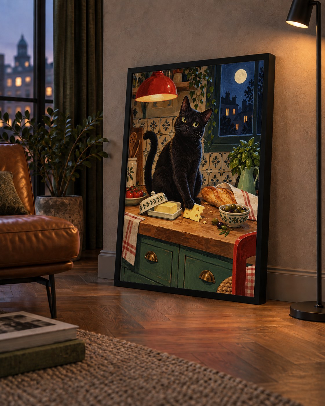Gece Atıştırması Siyah Kedi Mutfak Posteri — çerçeveli hâliyle bir ev duvarında