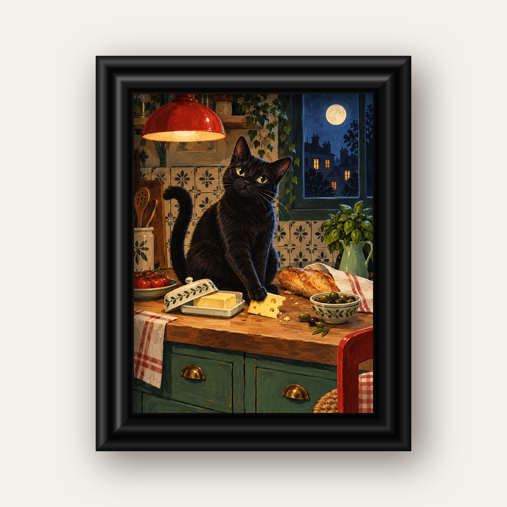 Gece Atıştırması Siyah Kedi Mutfak Posteri — siyah galeri çerçeveli