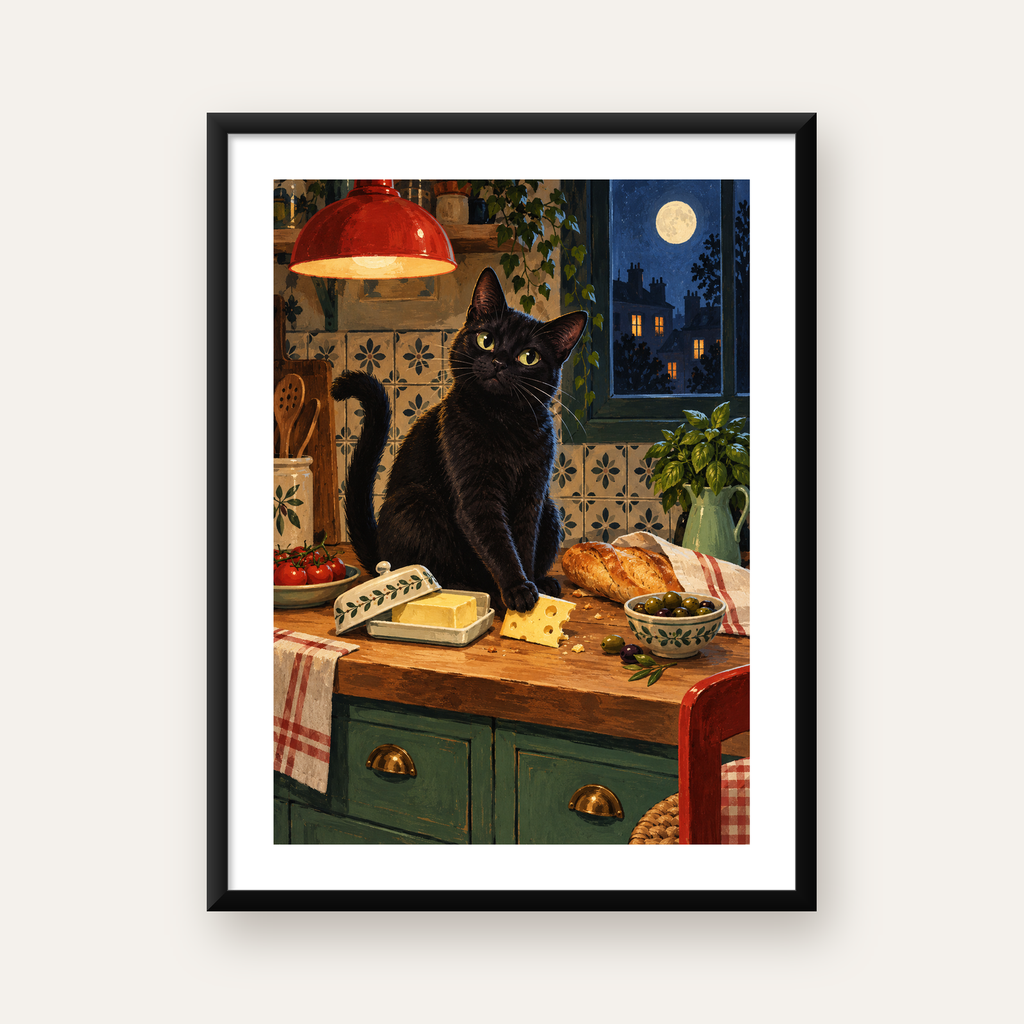 Siyah Kedi ve Ay Işığı: Sıcak Mutfak Poster Tasarımı — Dikey baskı, beyaz kenar boşluklu