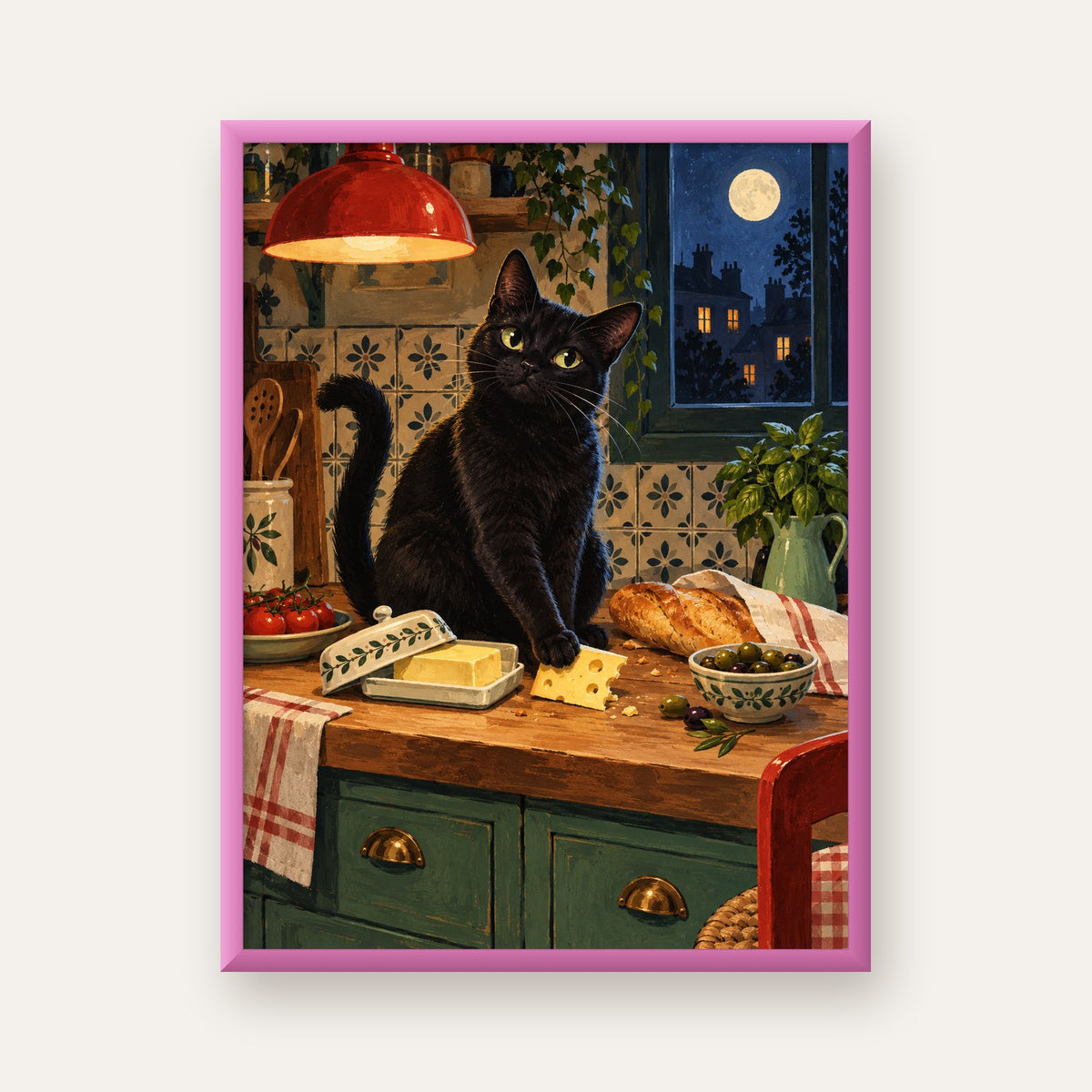Gece Atıştırması Siyah Kedi Mutfak Posteri — pembe çerçeveli
