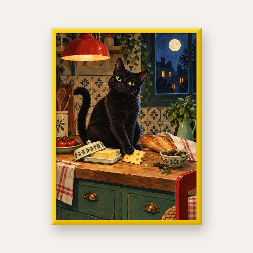 Gece Atıştırması Siyah Kedi Mutfak Posteri — sarı çerçeveli