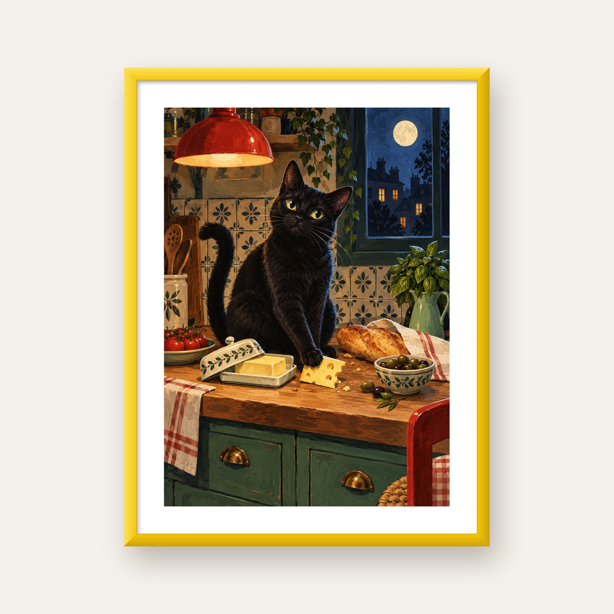 Gece Atıştırması Siyah Kedi Mutfak Posteri — sarı çerçeveli paspartulu