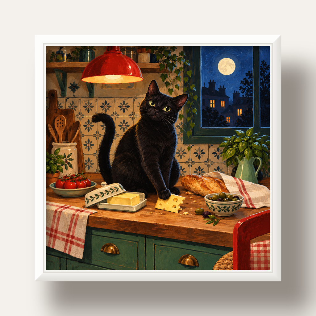 Gece Atıştırması Siyah Kedi Mutfak Posteri — beyaz derin çerçeveli