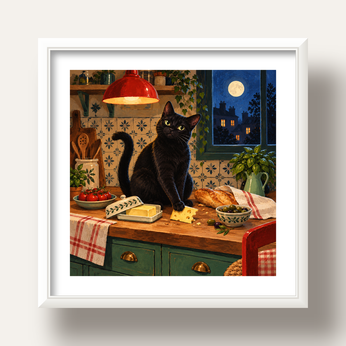 Gece Atıştırması Siyah Kedi Mutfak Posteri — beyaz derin çerçeveli paspartulu