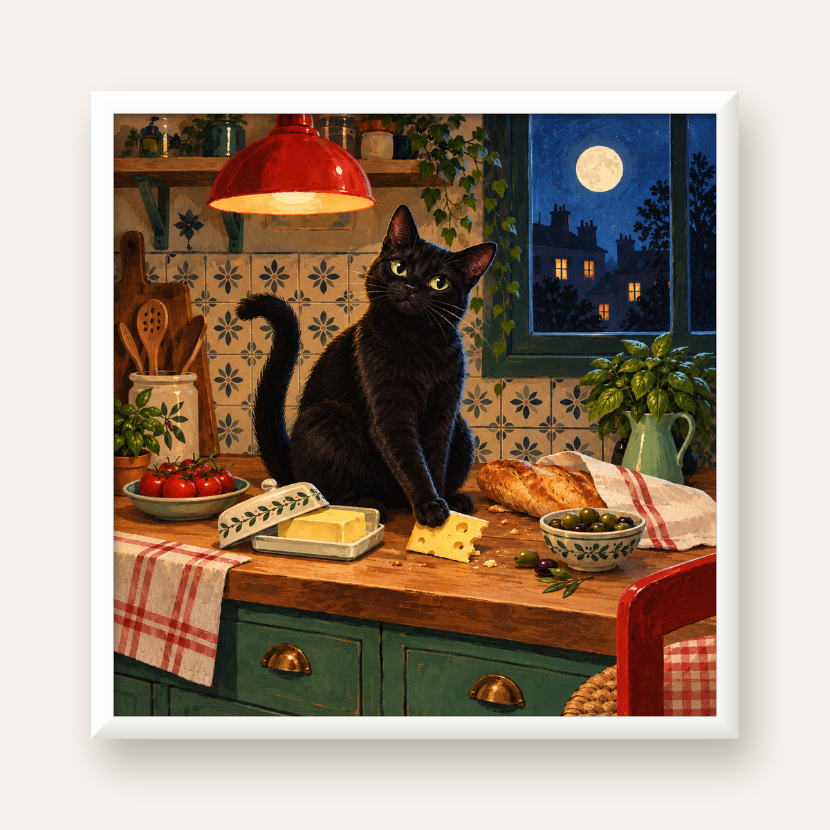 Gece Atıştırması Siyah Kedi Mutfak Posteri — beyaz çerçeveli kare poster