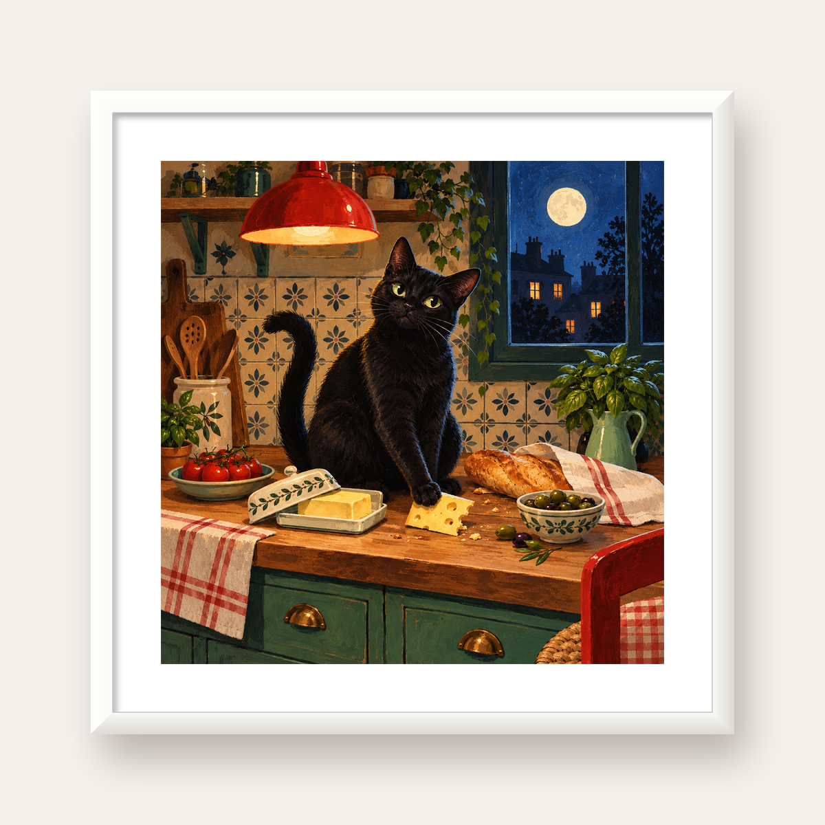 Gece Atıştırması Siyah Kedi Mutfak Posteri — beyaz çerçeveli kare poster