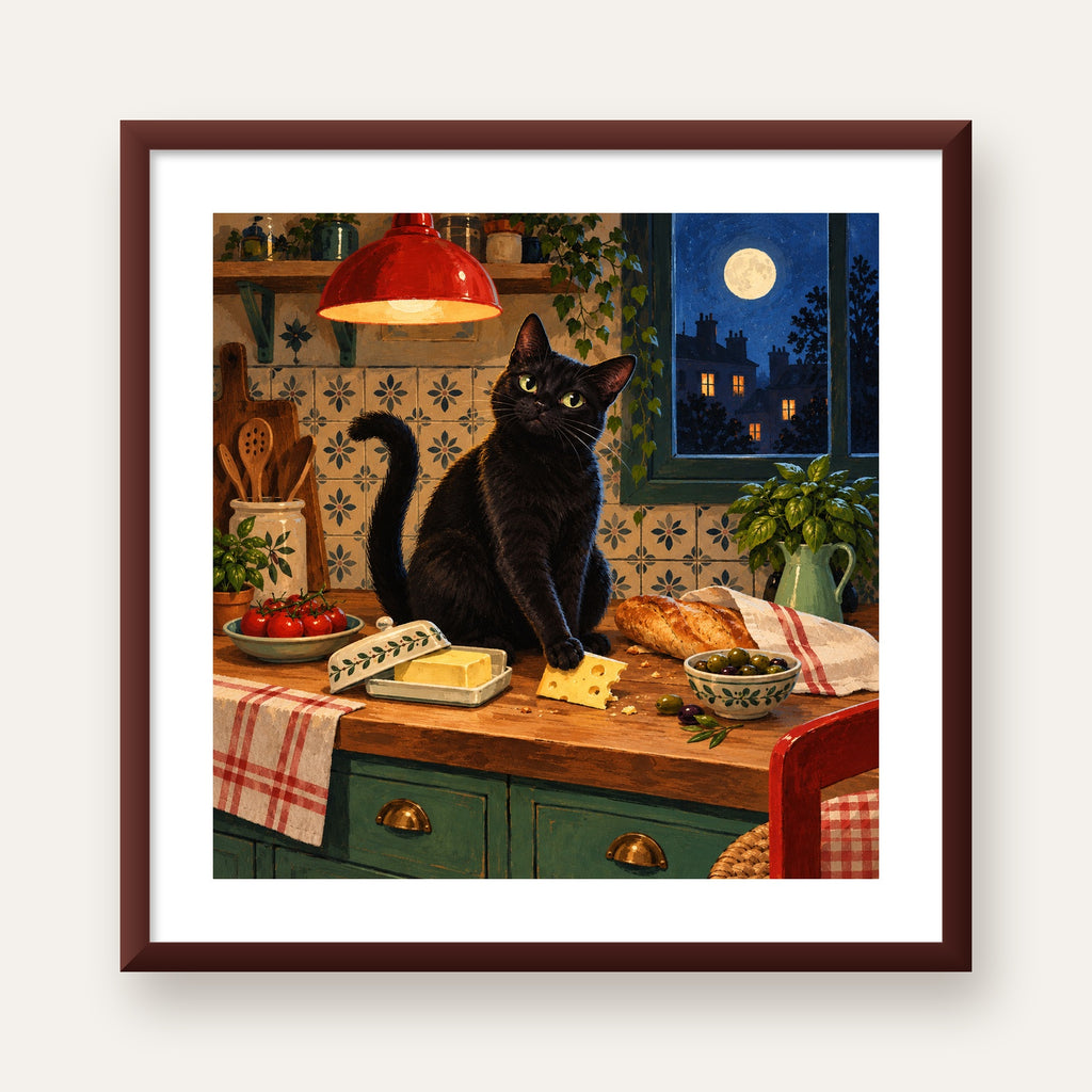Gece Atıştırması Siyah Kedi Mutfak Posteri — ceviz çerçeveli paspartulu
