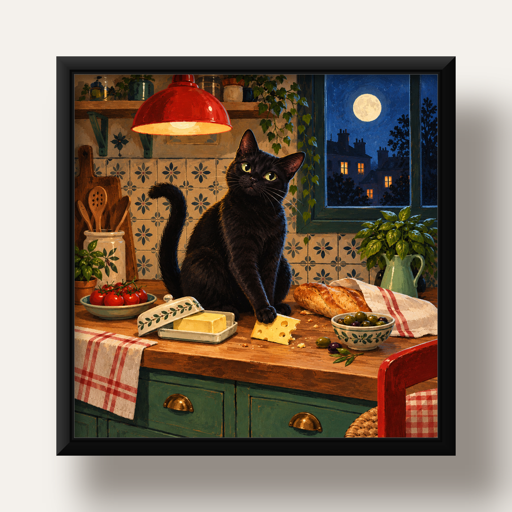 Gece Atıştırması Siyah Kedi Mutfak Posteri — siyah derin çerçeveli
