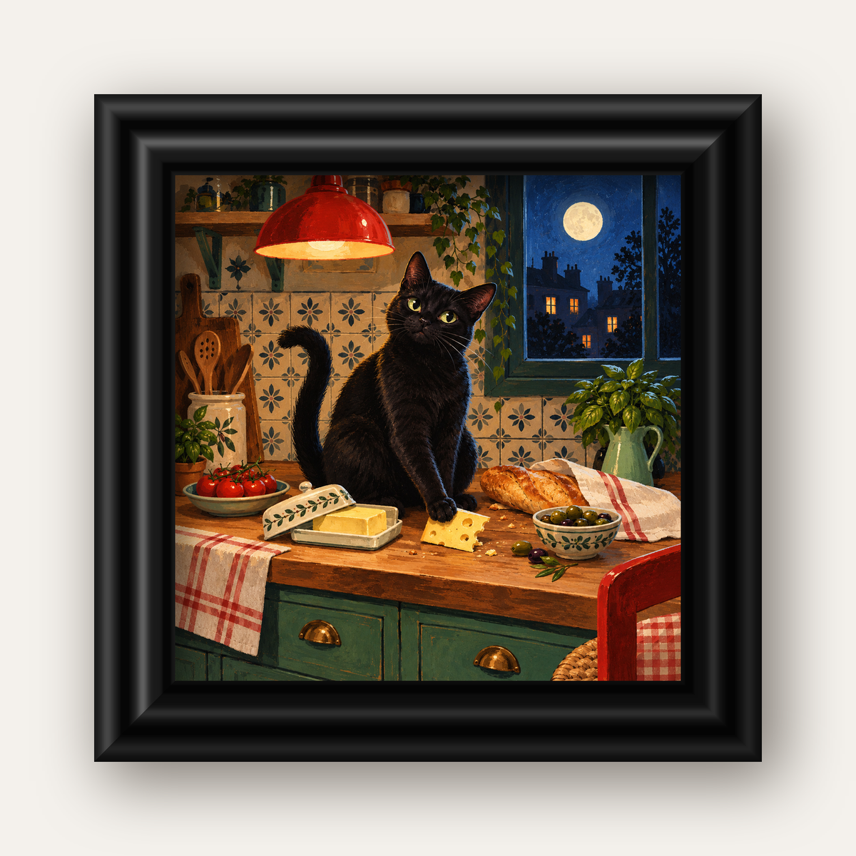 Gece Atıştırması Siyah Kedi Mutfak Posteri — siyah galeri çerçeveli