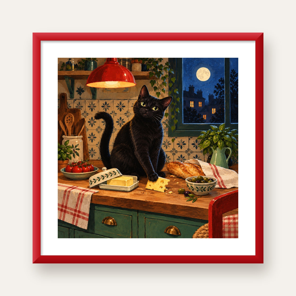Gece Atıştırması Siyah Kedi Mutfak Posteri — kırmızı çerçeveli paspartulu