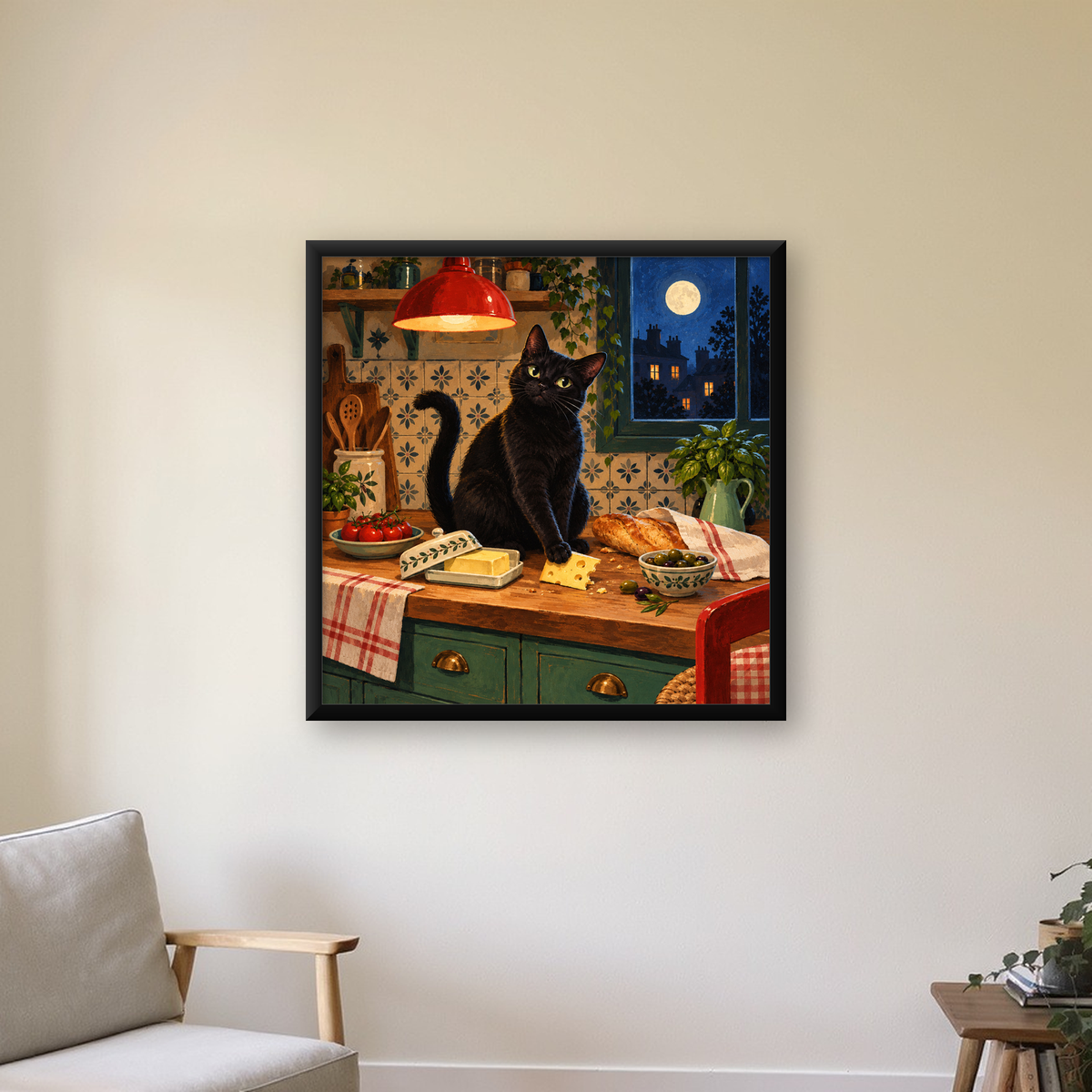 Siyah Kedi ve Ay Işığı: Sıcak Mutfak Poster Tasarımı — Kare baskı, çerçeveli hâliyle bir ev duvarında