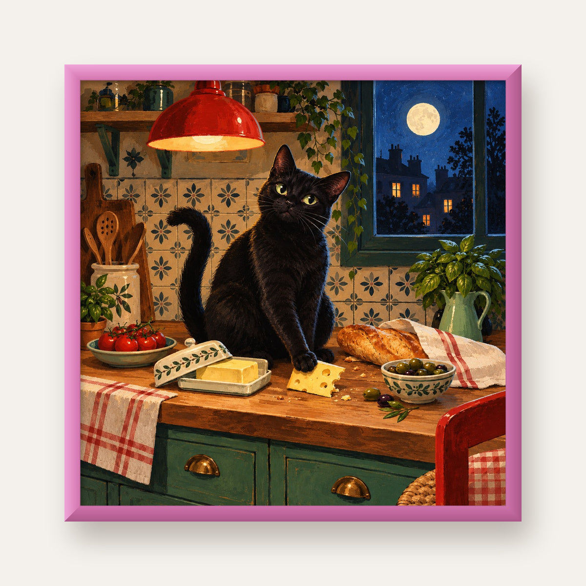Gece Atıştırması Siyah Kedi Mutfak Posteri — pembe çerçeveli