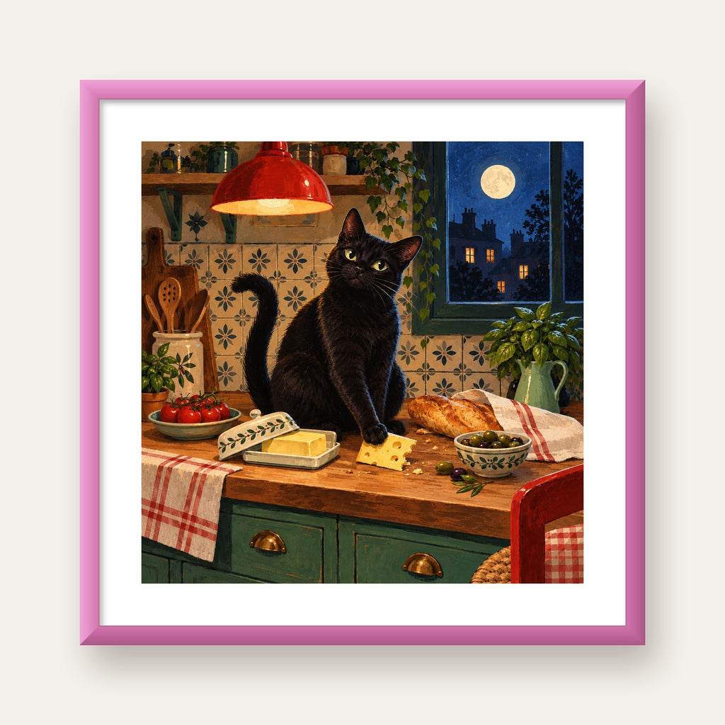 Gece Atıştırması Siyah Kedi Mutfak Posteri — pembe çerçeveli paspartulu