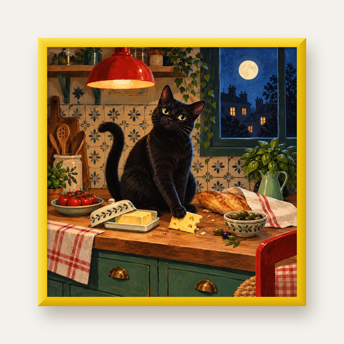 Gece Atıştırması Siyah Kedi Mutfak Posteri — sarı çerçeveli