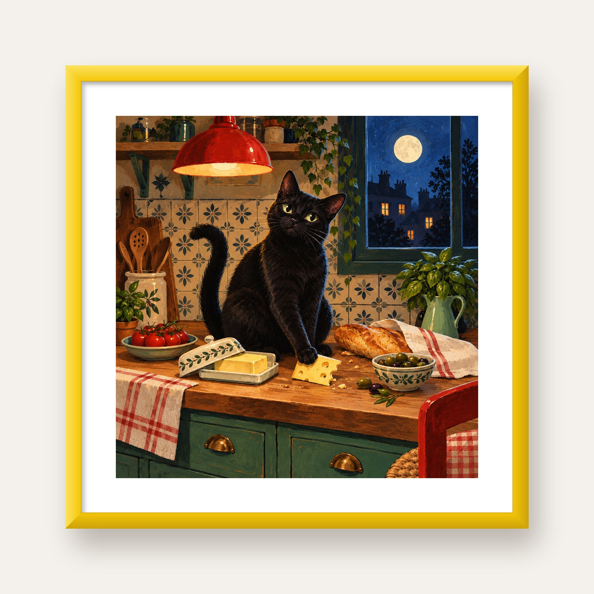 Gece Atıştırması Siyah Kedi Mutfak Posteri — sarı çerçeveli paspartulu