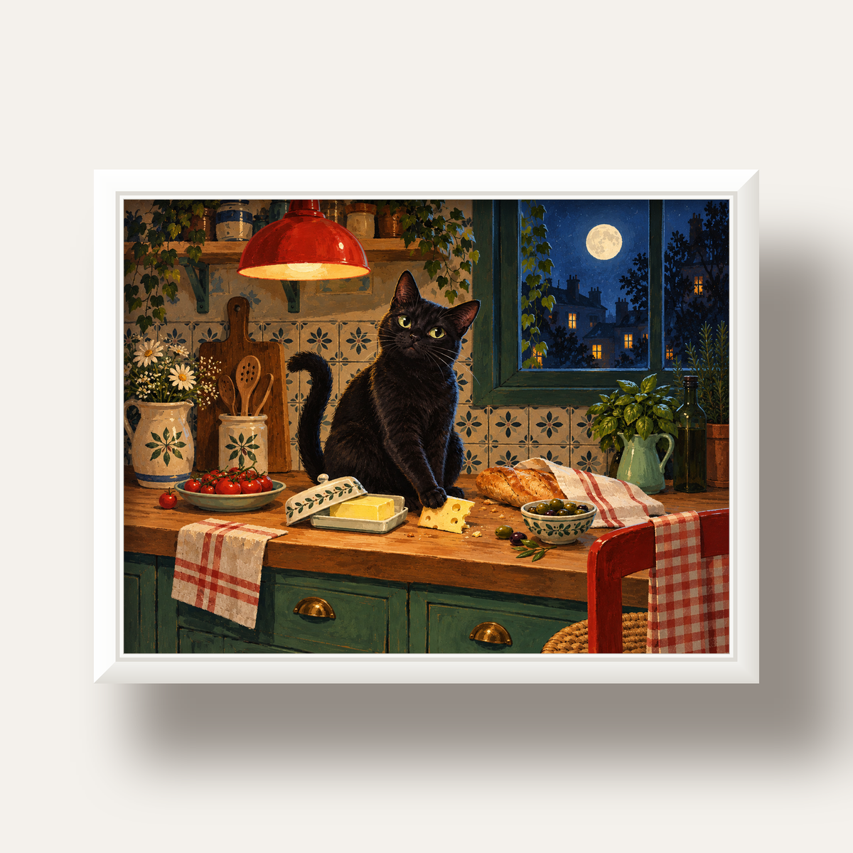 Gece Atıştırması Siyah Kedi Mutfak Posteri — beyaz derin çerçeveli