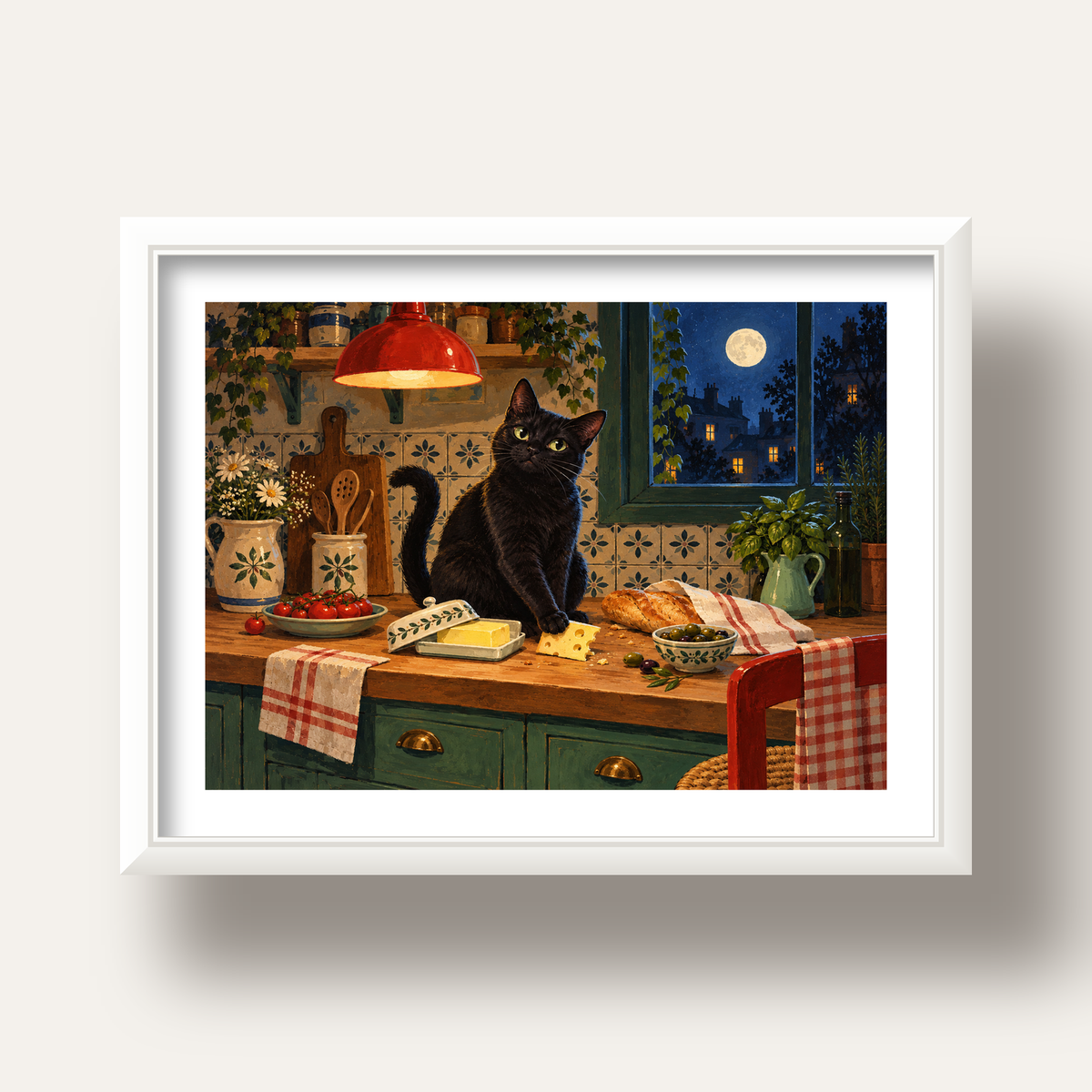 Gece Atıştırması Siyah Kedi Mutfak Posteri — beyaz derin çerçeveli paspartulu