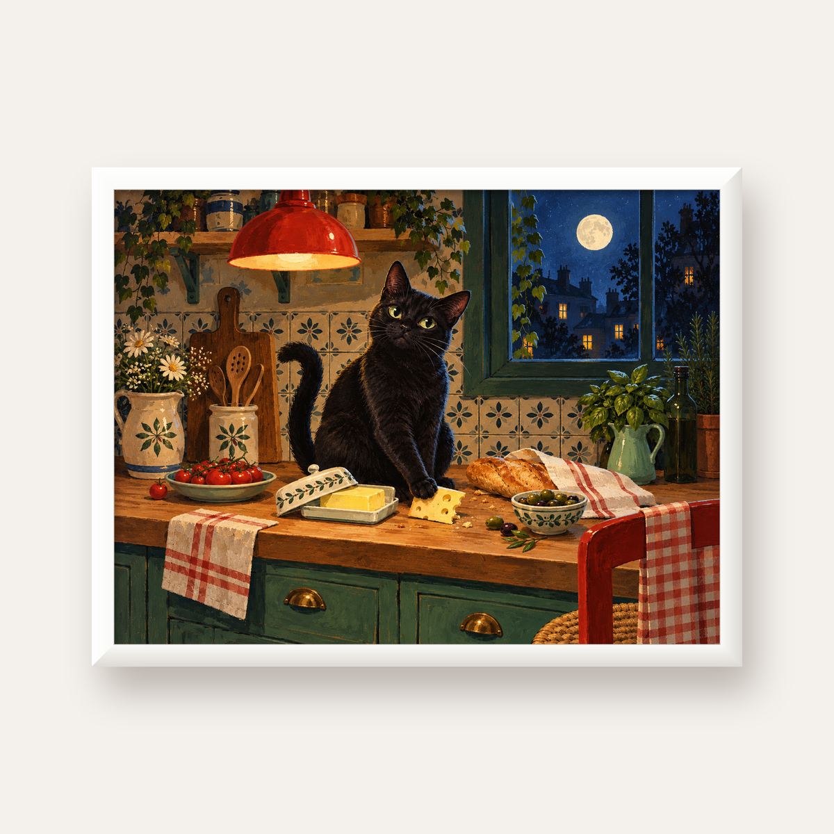 Gece Atıştırması Siyah Kedi Mutfak Posteri — beyaz çerçeveli yatay poster