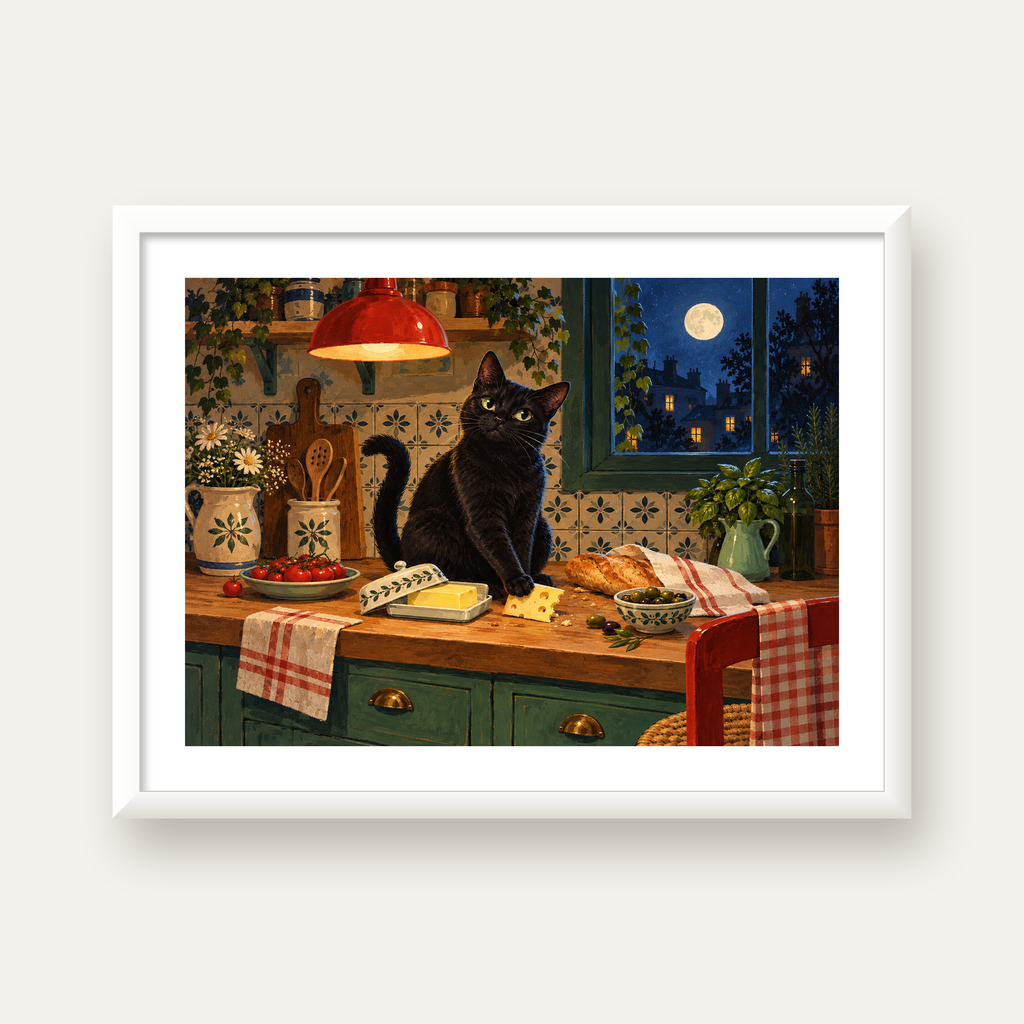 Gece Atıştırması Siyah Kedi Mutfak Posteri — beyaz çerçeveli yatay poster
