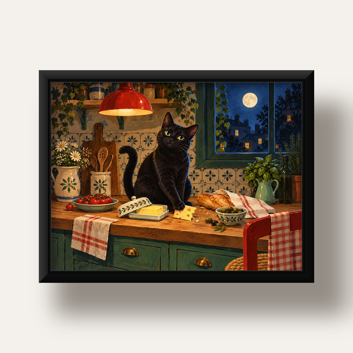Gece Atıştırması Siyah Kedi Mutfak Posteri — siyah derin çerçeveli
