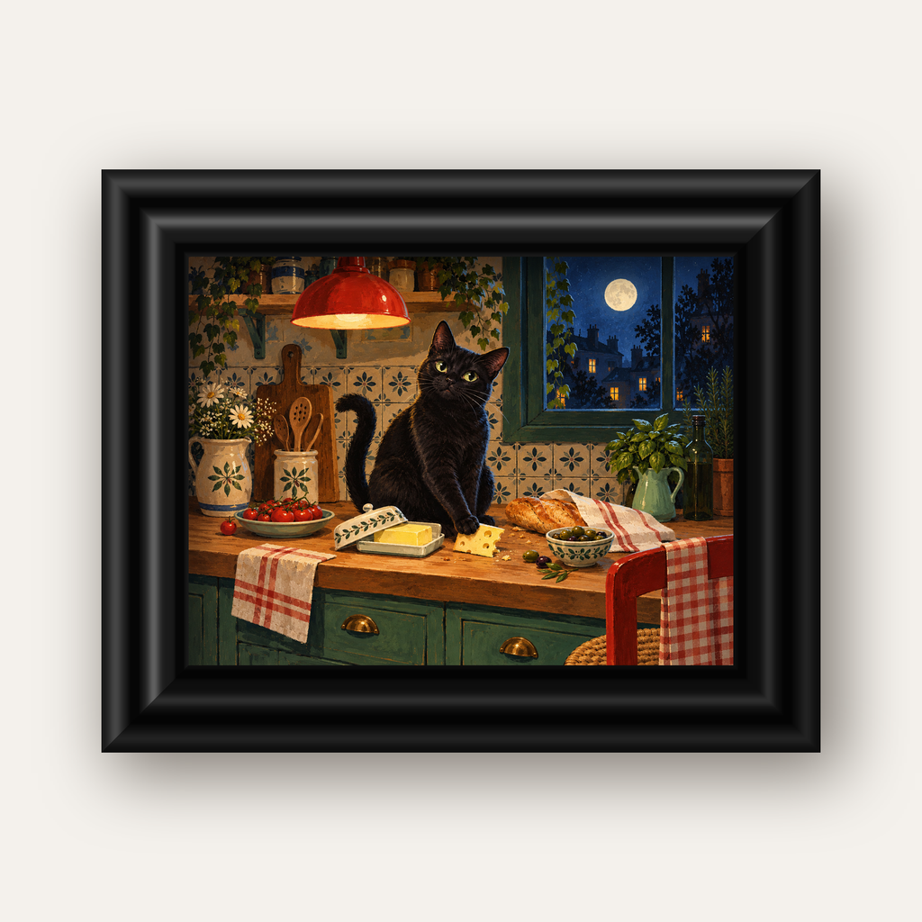 Gece Atıştırması Siyah Kedi Mutfak Posteri — siyah galeri çerçeveli