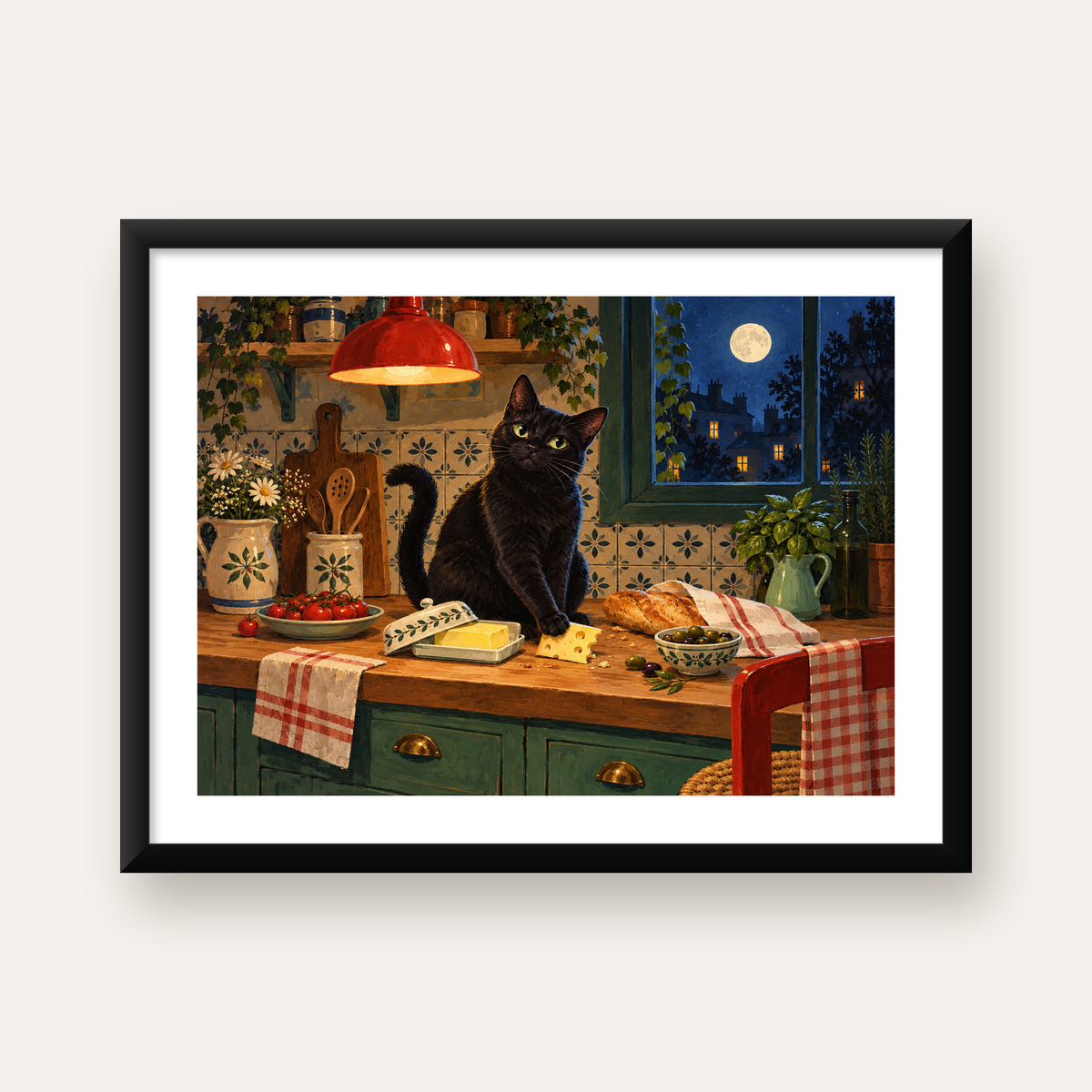 Siyah Kedi ve Ay Işığı: Sıcak Mutfak Poster Tasarımı — Yatay baskı, beyaz kenar boşluklu
