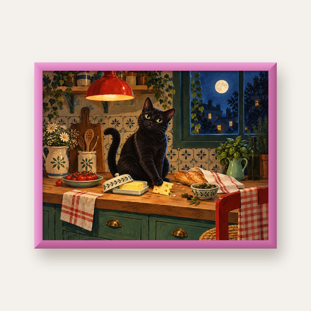 Gece Atıştırması Siyah Kedi Mutfak Posteri — pembe çerçeveli