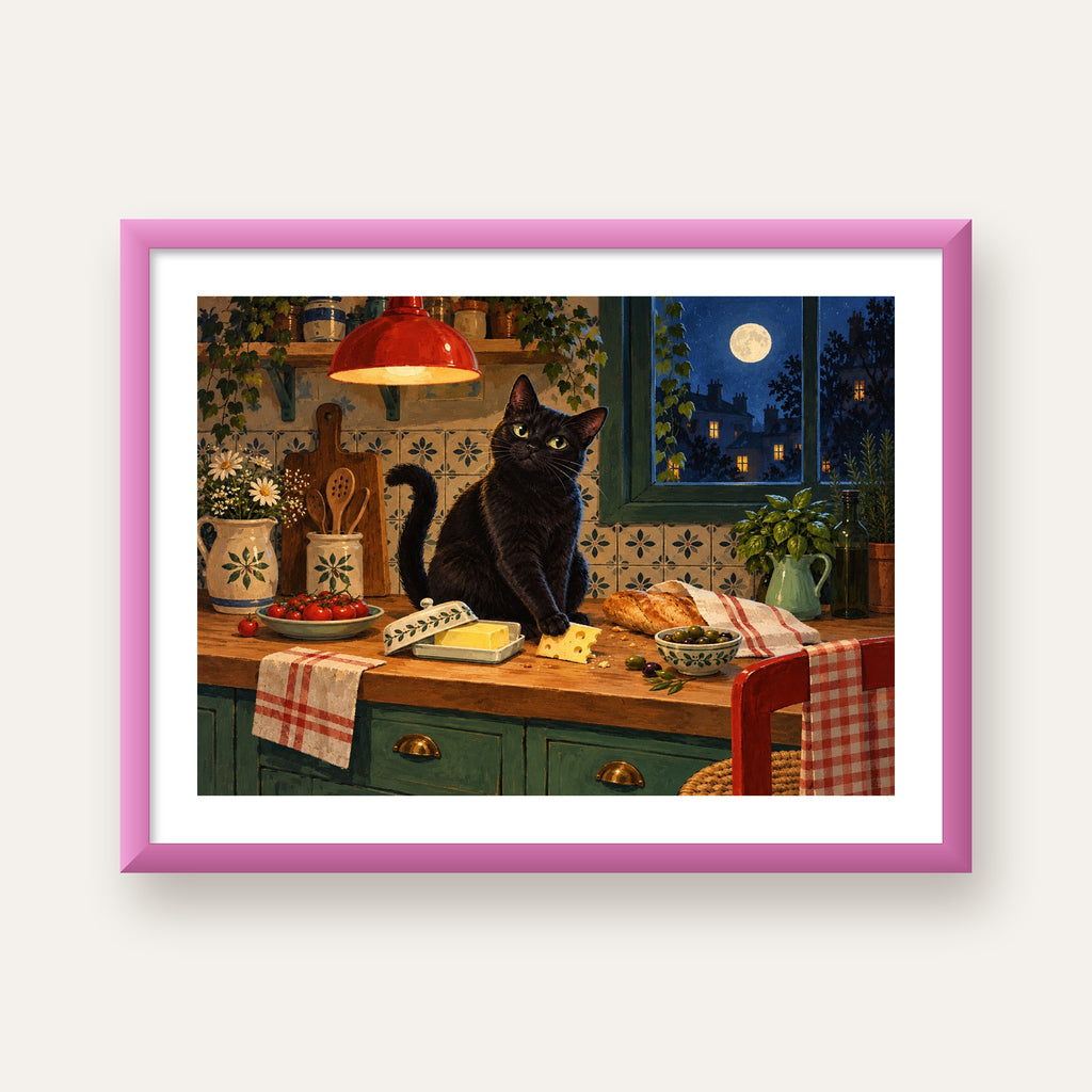 Gece Atıştırması Siyah Kedi Mutfak Posteri — pembe çerçeveli paspartulu