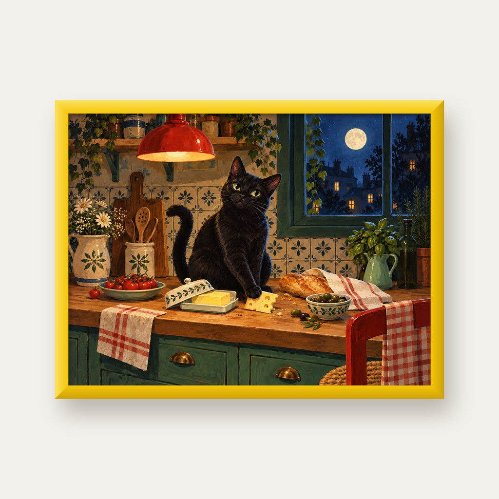 Gece Atıştırması Siyah Kedi Mutfak Posteri — sarı çerçeveli