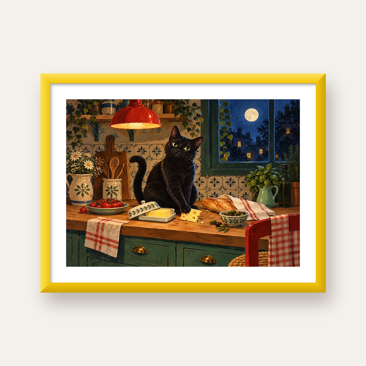 Gece Atıştırması Siyah Kedi Mutfak Posteri — sarı çerçeveli paspartulu