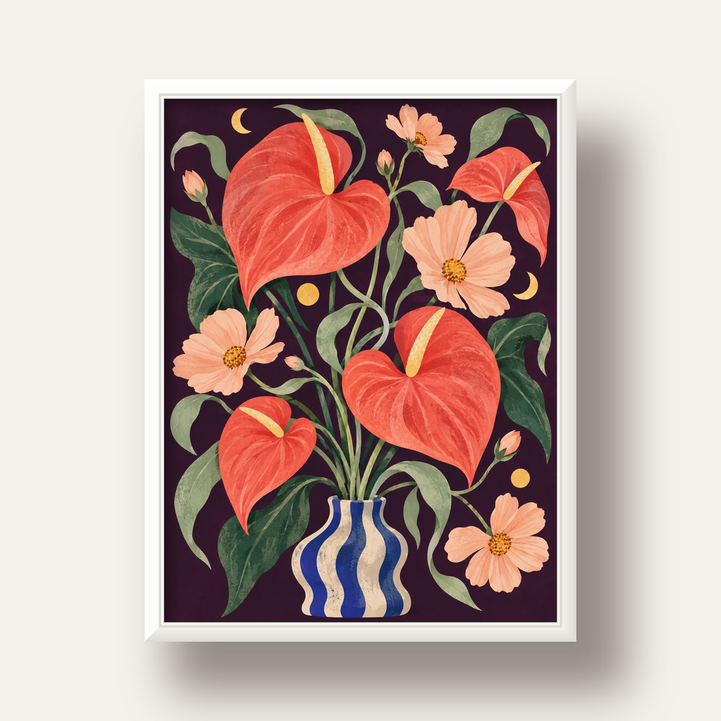 Egzotik Çiçeklerle Ay Işığı Vazo Poster – Gece Temalı Dijital Sanat — beyaz derin çerçeveli
