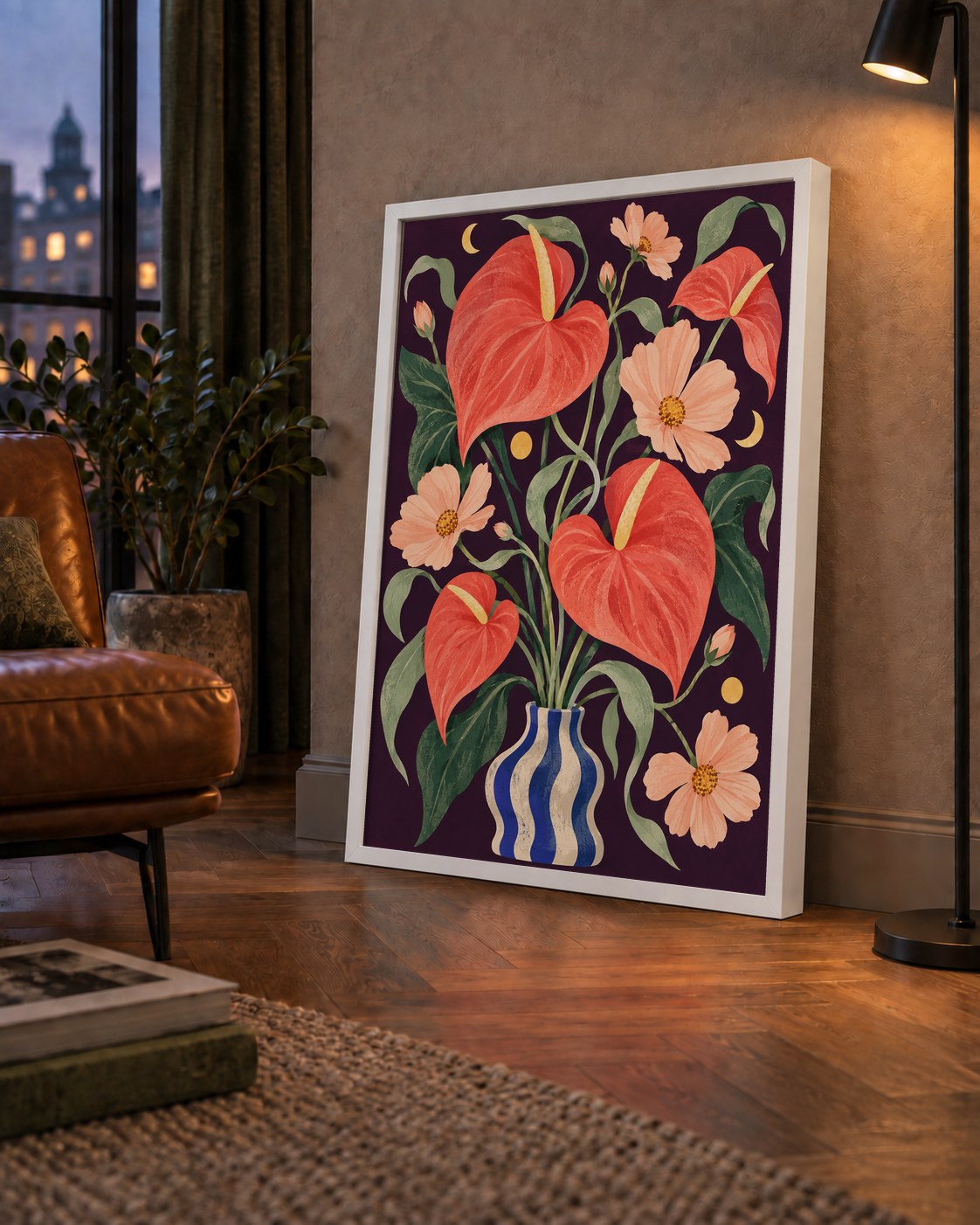 Egzotik Çiçeklerle Ay Işığı Vazo Poster – Gece Temalı Dijital Sanat — çerçeveli hâliyle bir ev duvarında