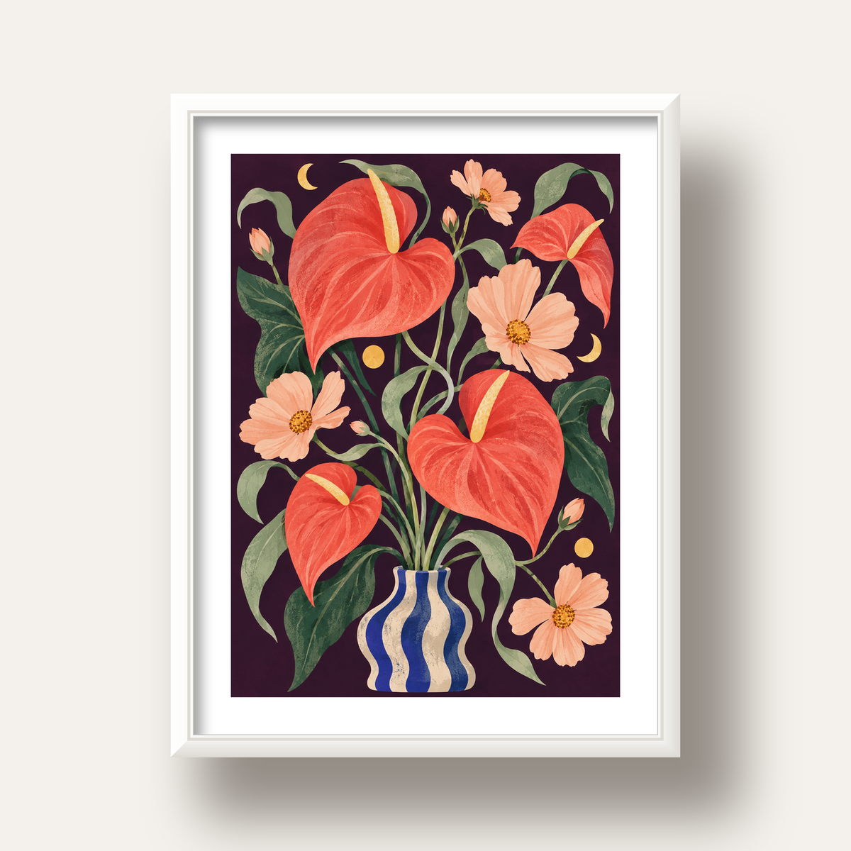 Egzotik Çiçeklerle Ay Işığı Vazo Poster – Gece Temalı Dijital Sanat — beyaz derin çerçeveli paspartulu