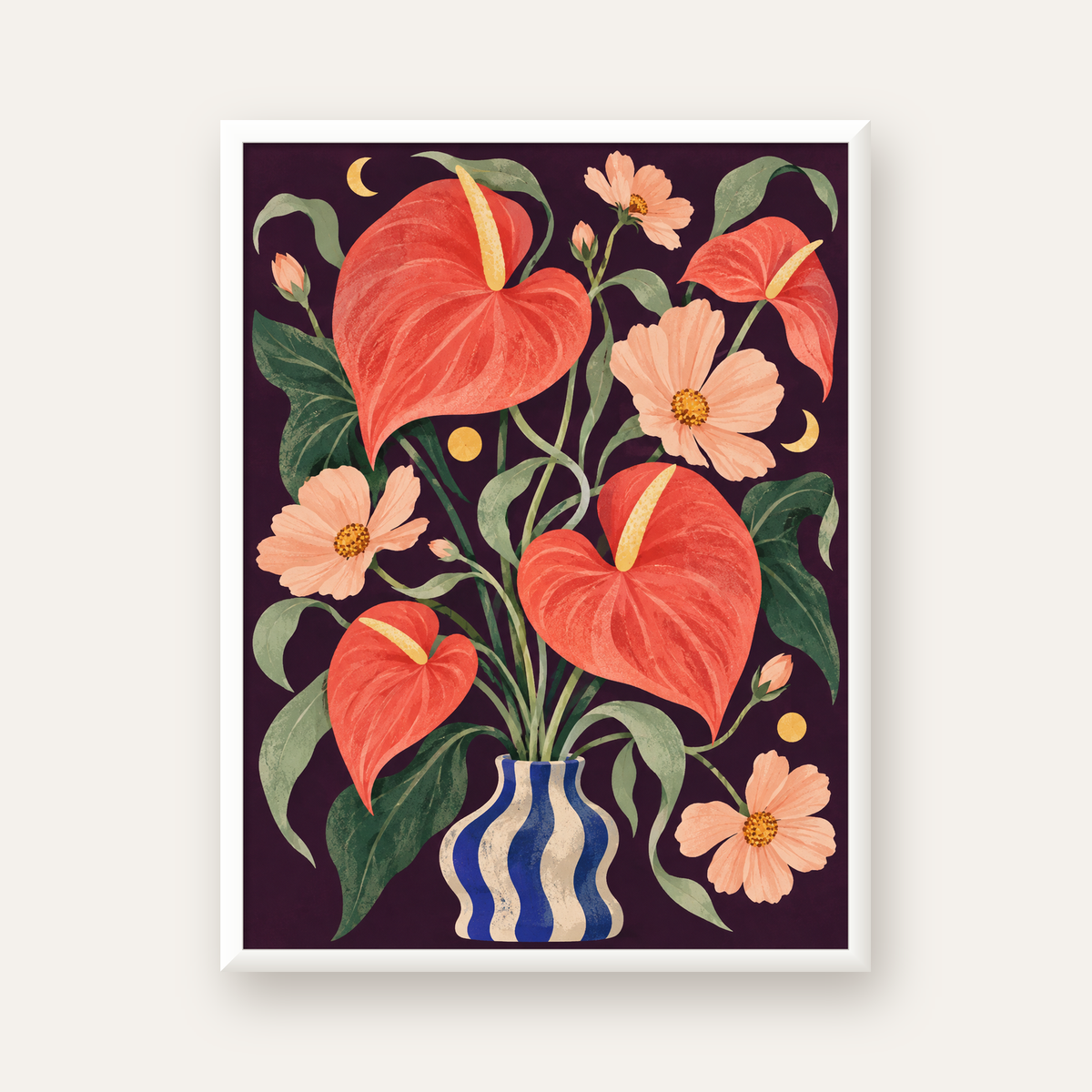Egzotik Çiçeklerle Ay Işığı Vazo Poster – Gece Temalı Dijital Sanat — beyaz çerçeveli dikey poster