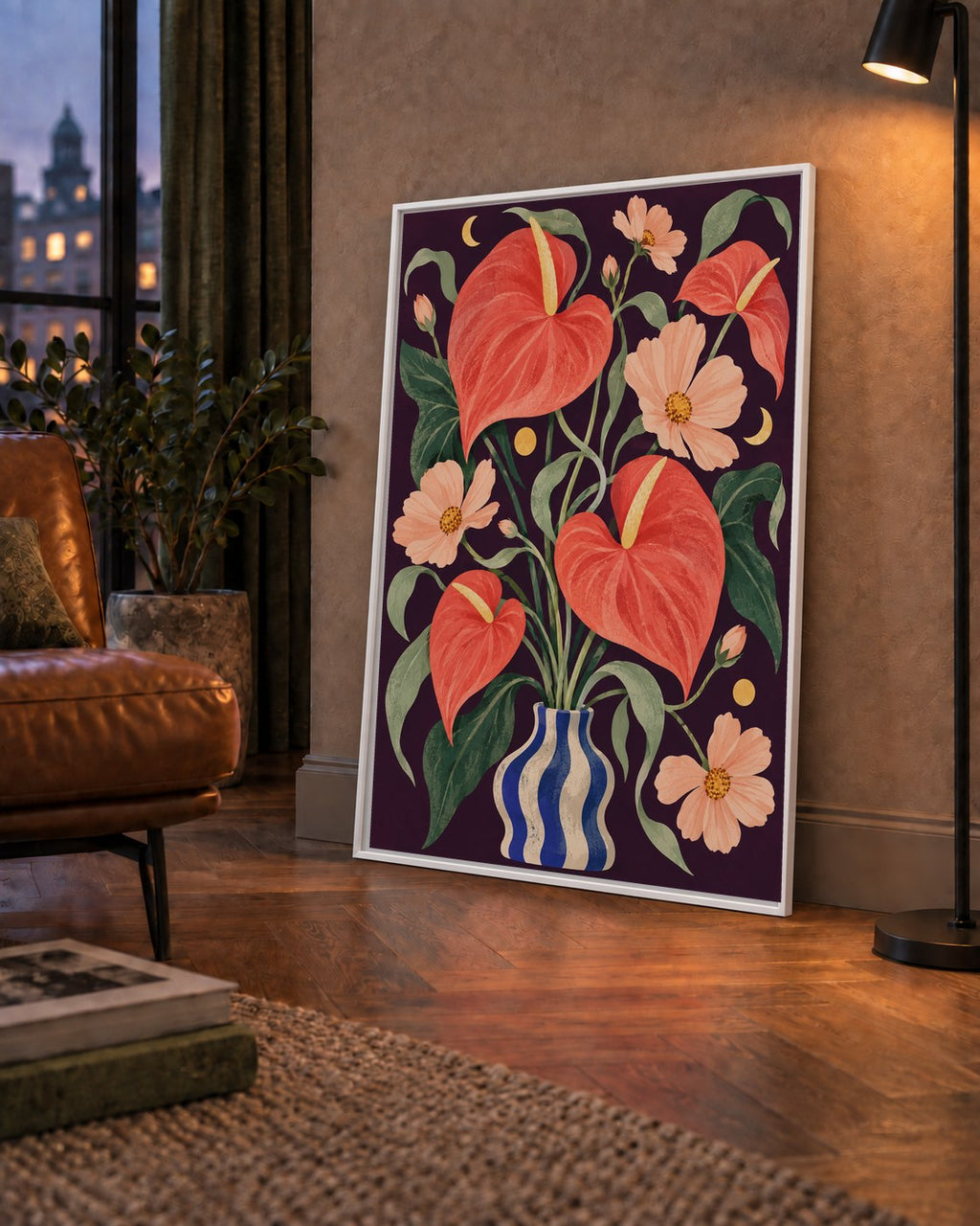 Egzotik Çiçeklerle Ay Işığı Vazo Poster – Gece Temalı Dijital Sanat — çerçeveli hâliyle bir ev duvarında
