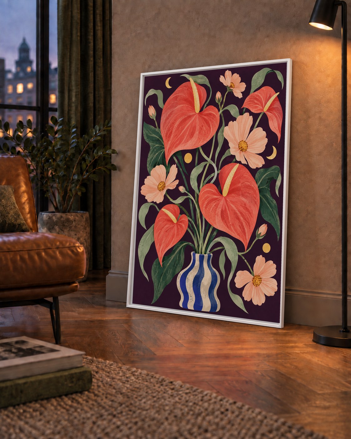 Egzotik Çiçeklerle Ay Işığı Vazo Poster – Gece Temalı Dijital Sanat — çerçeveli hâliyle bir ev duvarında