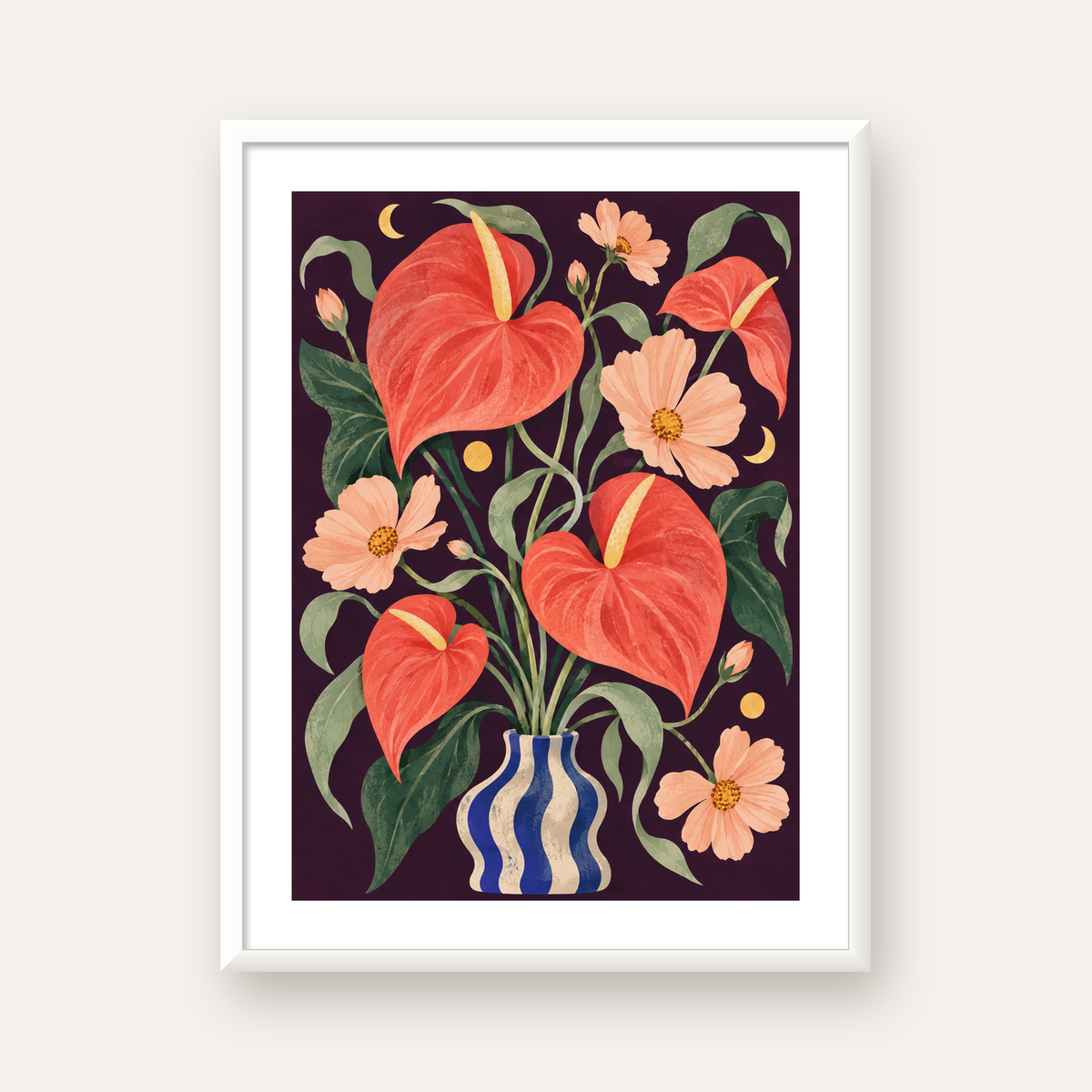 Egzotik Çiçeklerle Ay Işığı Vazo Poster – Gece Temalı Dijital Sanat — beyaz çerçeveli dikey poster