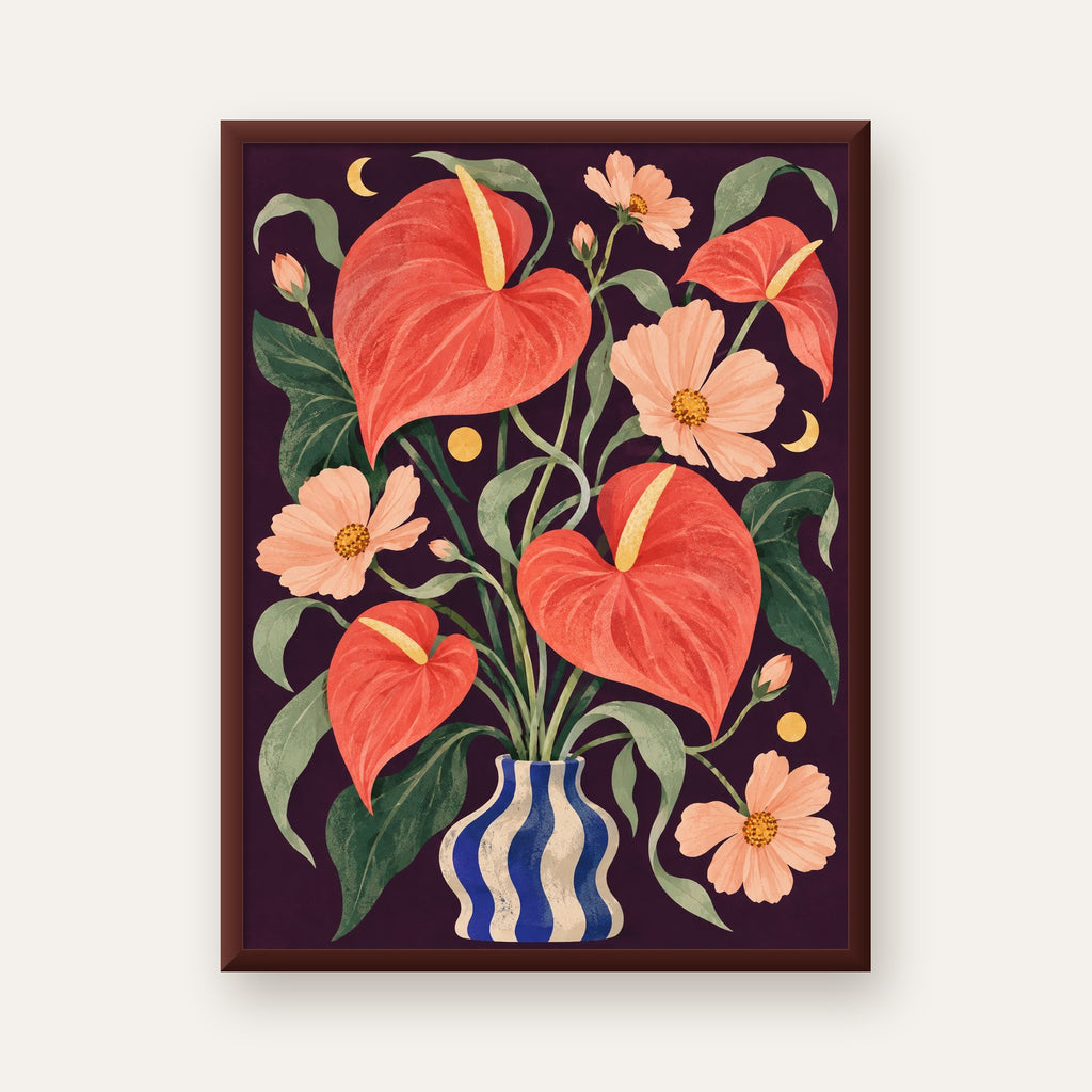 Egzotik Çiçeklerle Ay Işığı Vazo Poster – Gece Temalı Dijital Sanat — ceviz çerçeveli